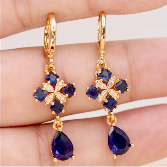 Rear vintage 18k yellow Gold Blue Sapphire & sapphire Dangle Earrings - Picture 4 of 4